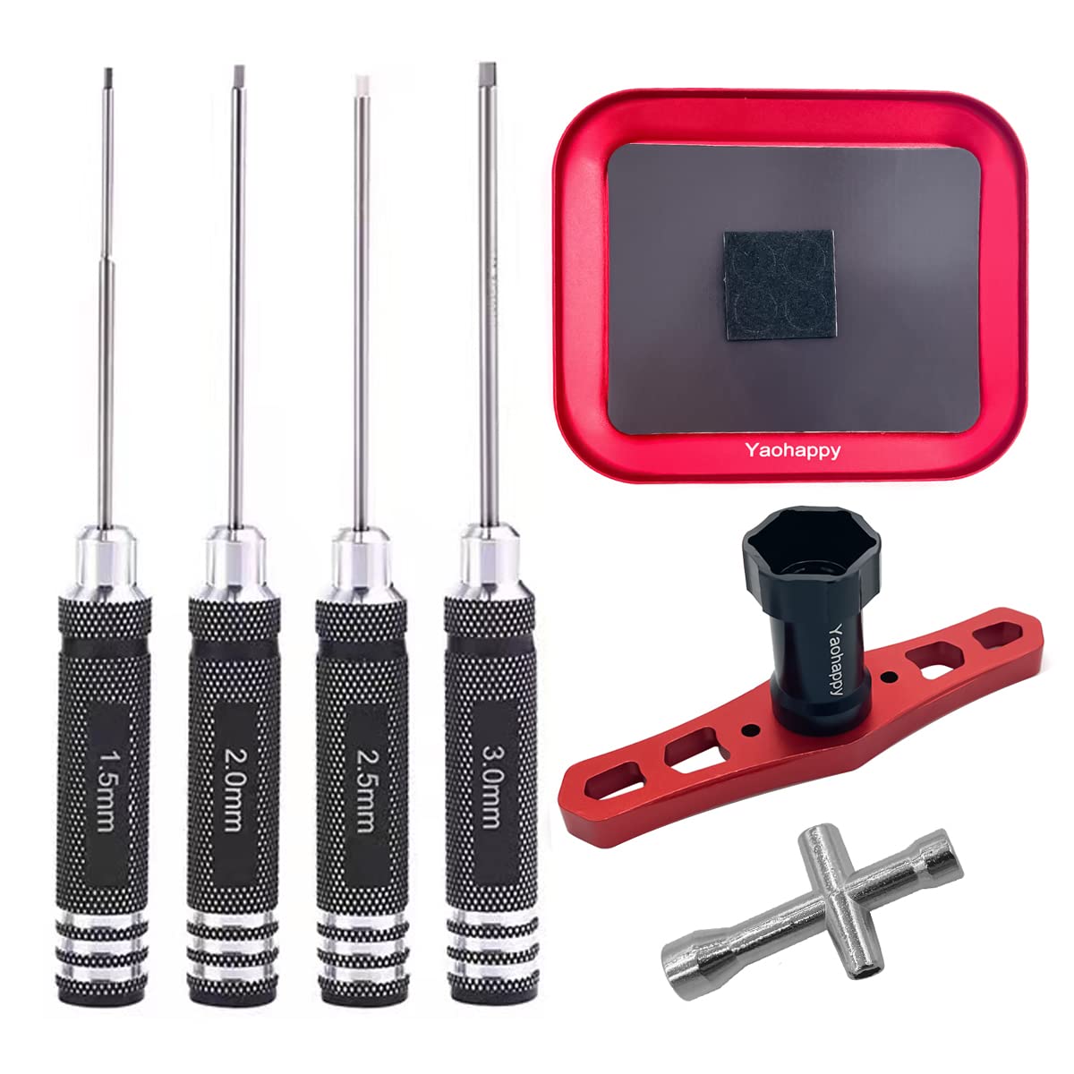 4 Piece Hex Screwdriver Set (1.5 mm 2.0 mm 2.5 mm 3.0 mm) and 4 Way Cross Wrench, 17 mm Wheel Wrench, RC Screw Compartment RC Repair Tool Kit for RC Helicopter Car Drone Multi-Axles