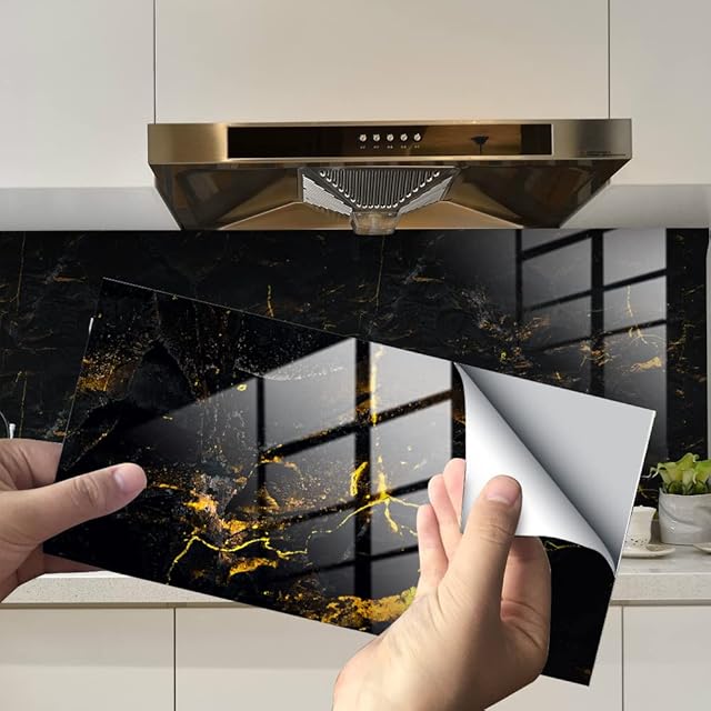 HORIWE Marble Tile Stickers for Bathroom Kitchen Backsplash Waterproof Oil Proof DIY Self Adhesive New PVC Wall Stickers Home Decor 12x6 Inches (Black+Gold Marble Pattern, 30x15cm(12"x6") - 16PCS)