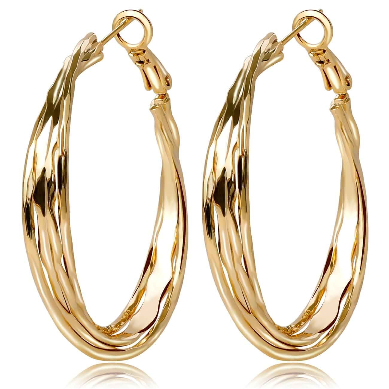 Gold Hoop Earrings for Women Twisted Large Thick Chunky 925 Sterling Silver Posts, Matte Gold Plated Hoops, Non Tarnish, Hypoallergenic, Lightweight, Minimalism, Gift for Women