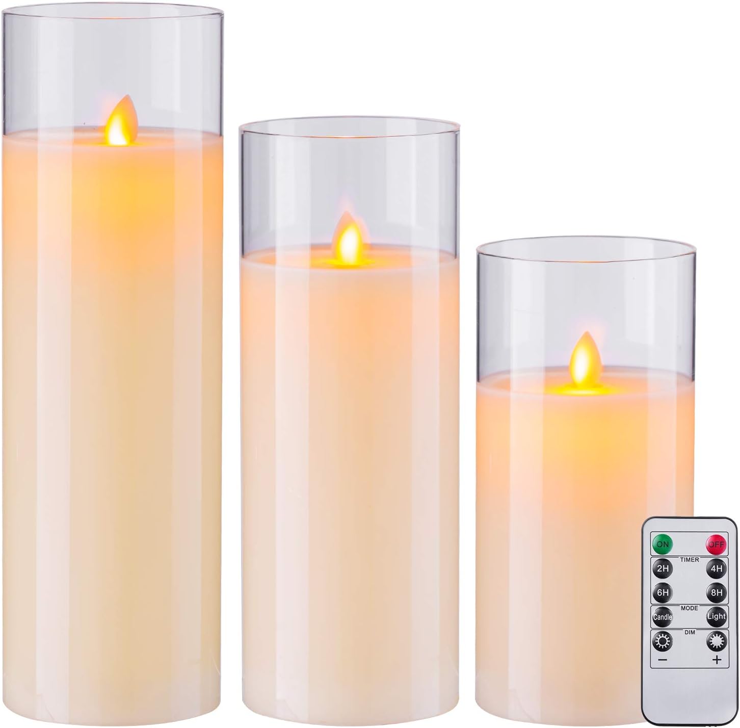 Pack of 3 Flameless Candles Battery Operated Real Wax Glass Flickering LED Candle Sets with Remote Control Cycling 24 Hours Timer (3" x 8" 10" 12")