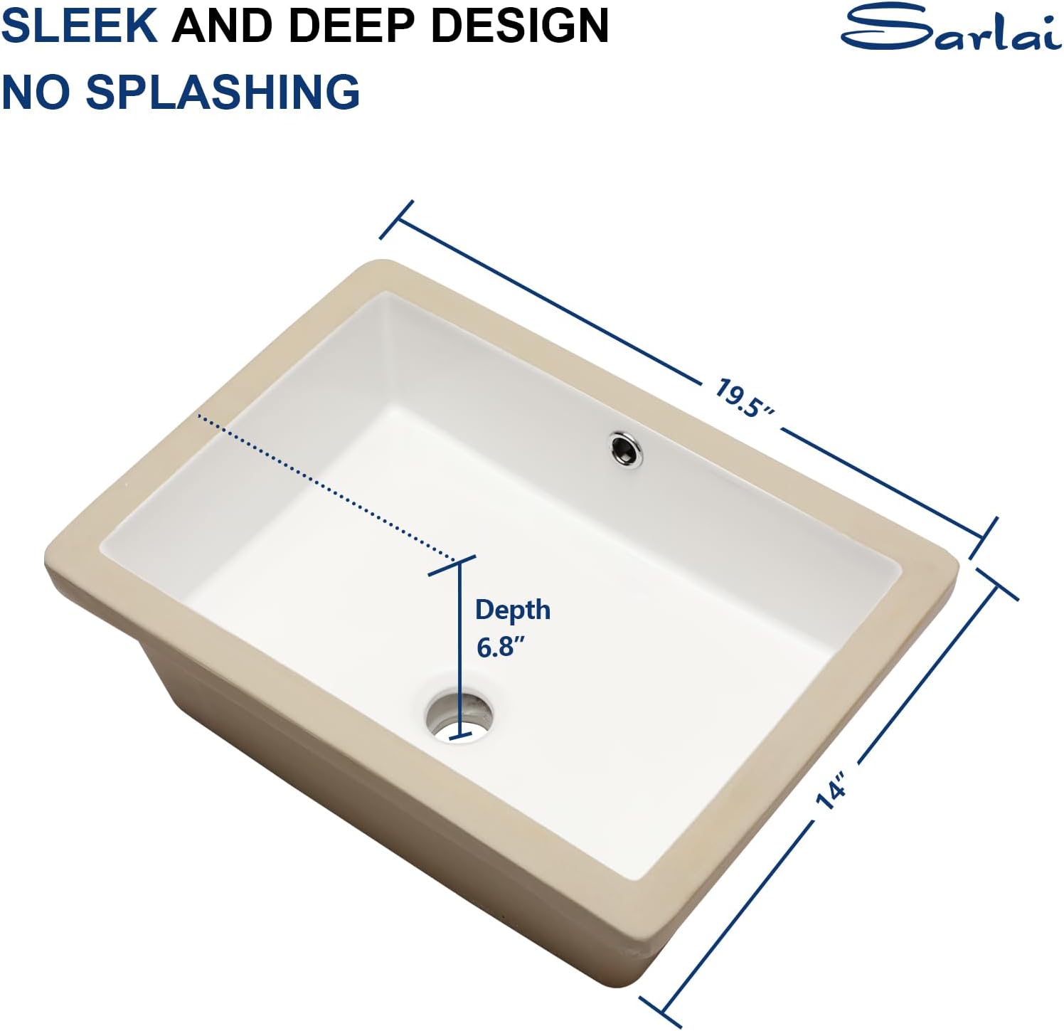 Sarlai Bathroom Sink Undermount Rectangular - 20"x14" Pure White Rectrangle Undermount Sink Porcelain Ceramic Lavatory Vanity Bathroom Sink