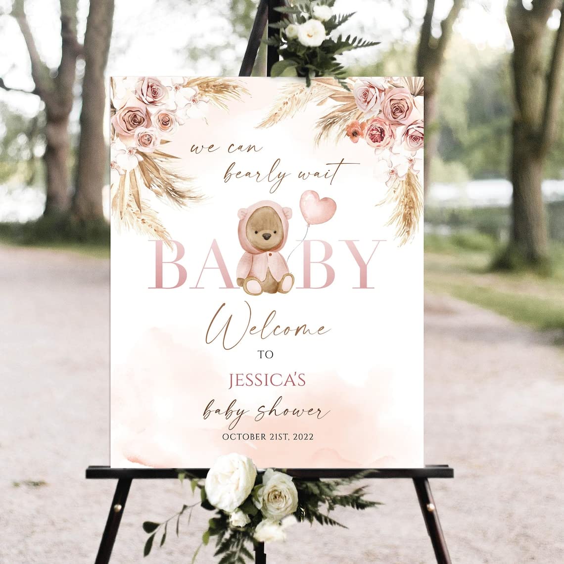 Personalized Pink Cute Bear Baby Shower Welcome Sign, Pampas Grass Decorations