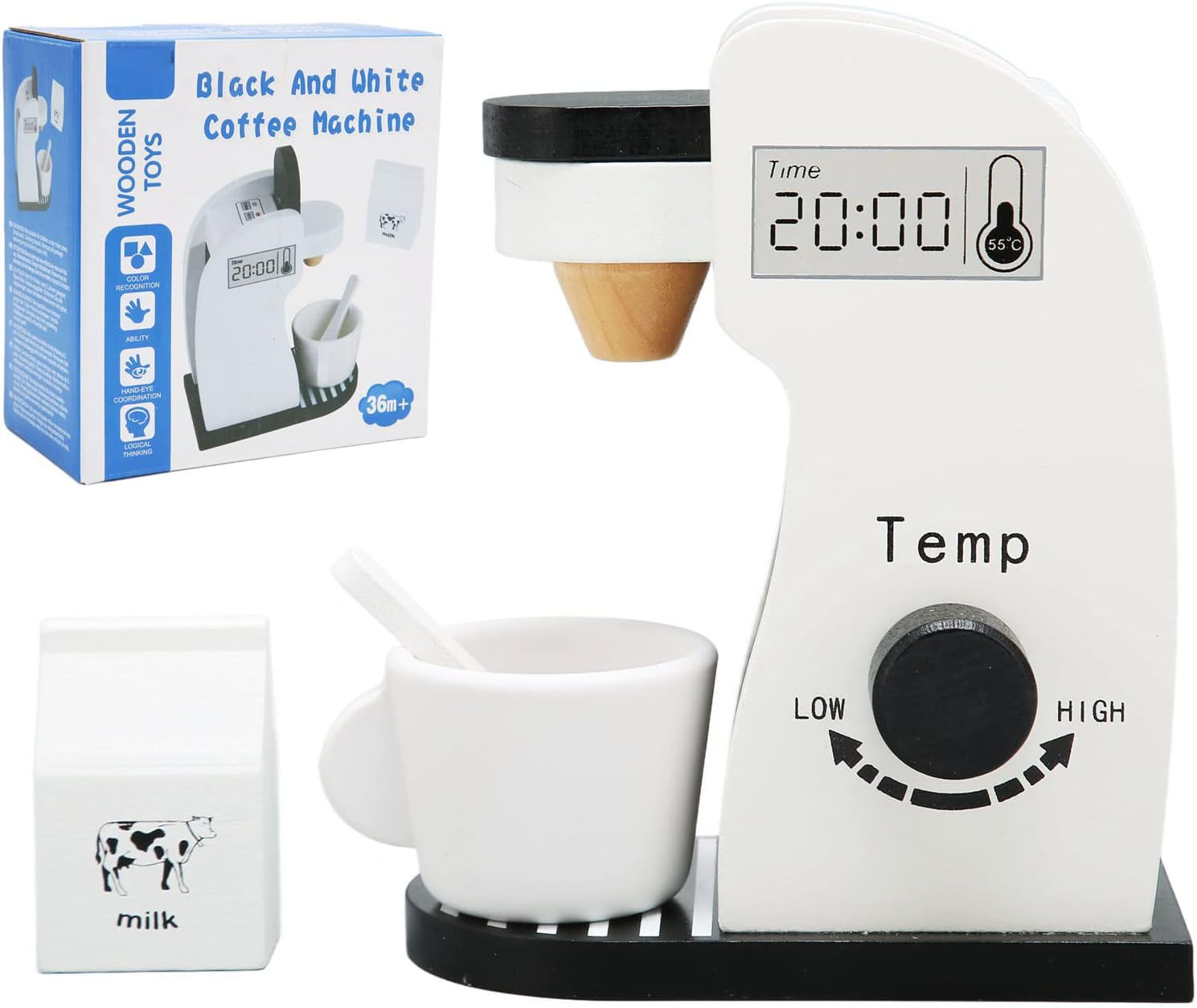 Kids Coffee Maker Playset Black White Rounded Edges Educational Wood Vivid Toddler Kitchen Playset for Party Game