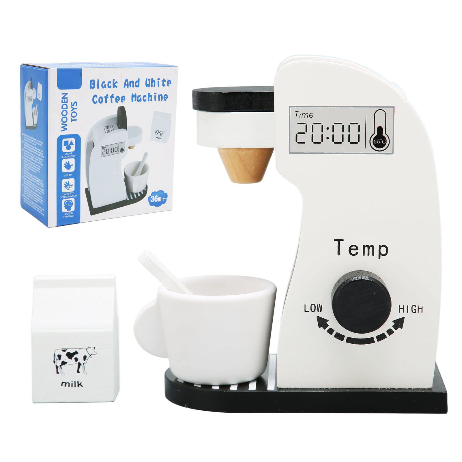 Kids Coffee Maker Playset Black White Rounded Edges Educational Wood Vivid Toddler Kitchen Playset for Party Game