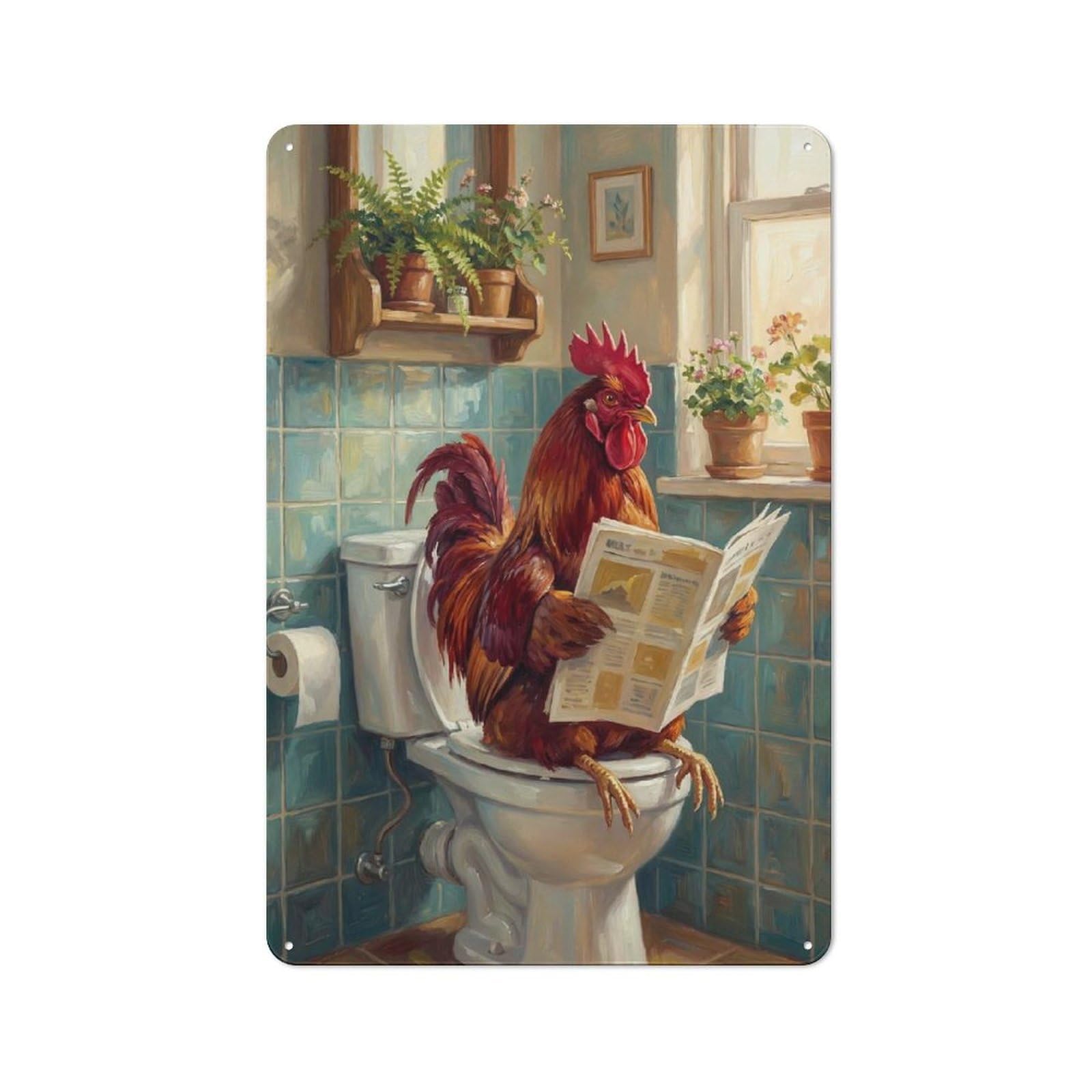 Rooster Reading Newspaper on Toilet Industrial Metal Wall Decor 30x20cm, Retro Metal Sign for Workshop, Basement, Shed Or Games Room