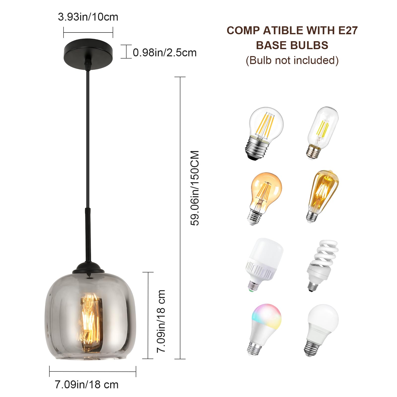 Lampada a sospensione Moderna, Lampadario in Vetro Grigio Fumé, Filo Sospeso Regolabile, Lampadario per Cucina, Tavolo da pranzo, Camere da letto (E27, Escluse le lampadine)