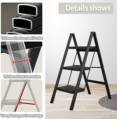 Miniatura 4 de Hershii Taburete plegable portátil de 3 escalones con pedal antideslizante resistente y ancho de acero con escalera de metal para el hogar, estante