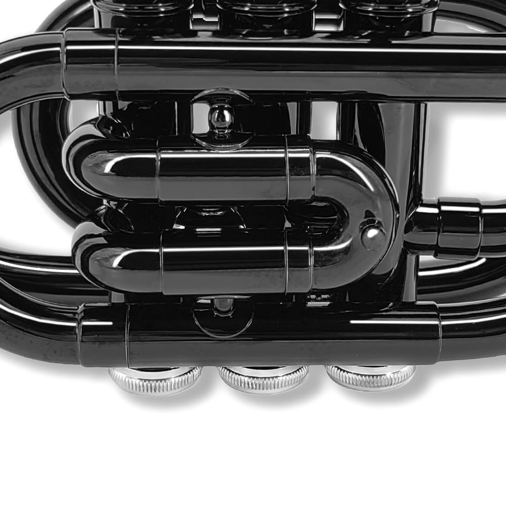Tromba tascabile professionale in ottone con finitura laccata con custodia e accessori per la pulizia per principianti e musicisti (nero)