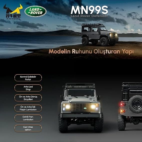 MN99S V2 1/12 Land Rover Defender 4WD RC Model Crawler Offroad Uzaktan Kumandalı Araba Truck RTR Lisanslı Gümüş+Dahili Işık Seti MN-99S V2