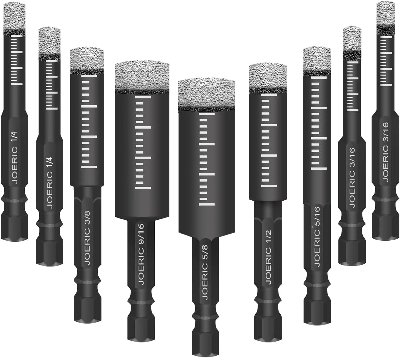 9-Piece Dry Diamond Drill Bit Set – Hex Shank, 3/16" To 5/8" Sizes, For Granite, Marble, Tile, Ceramic, Glass, Stone (Not For Wood), With Storage Bottle