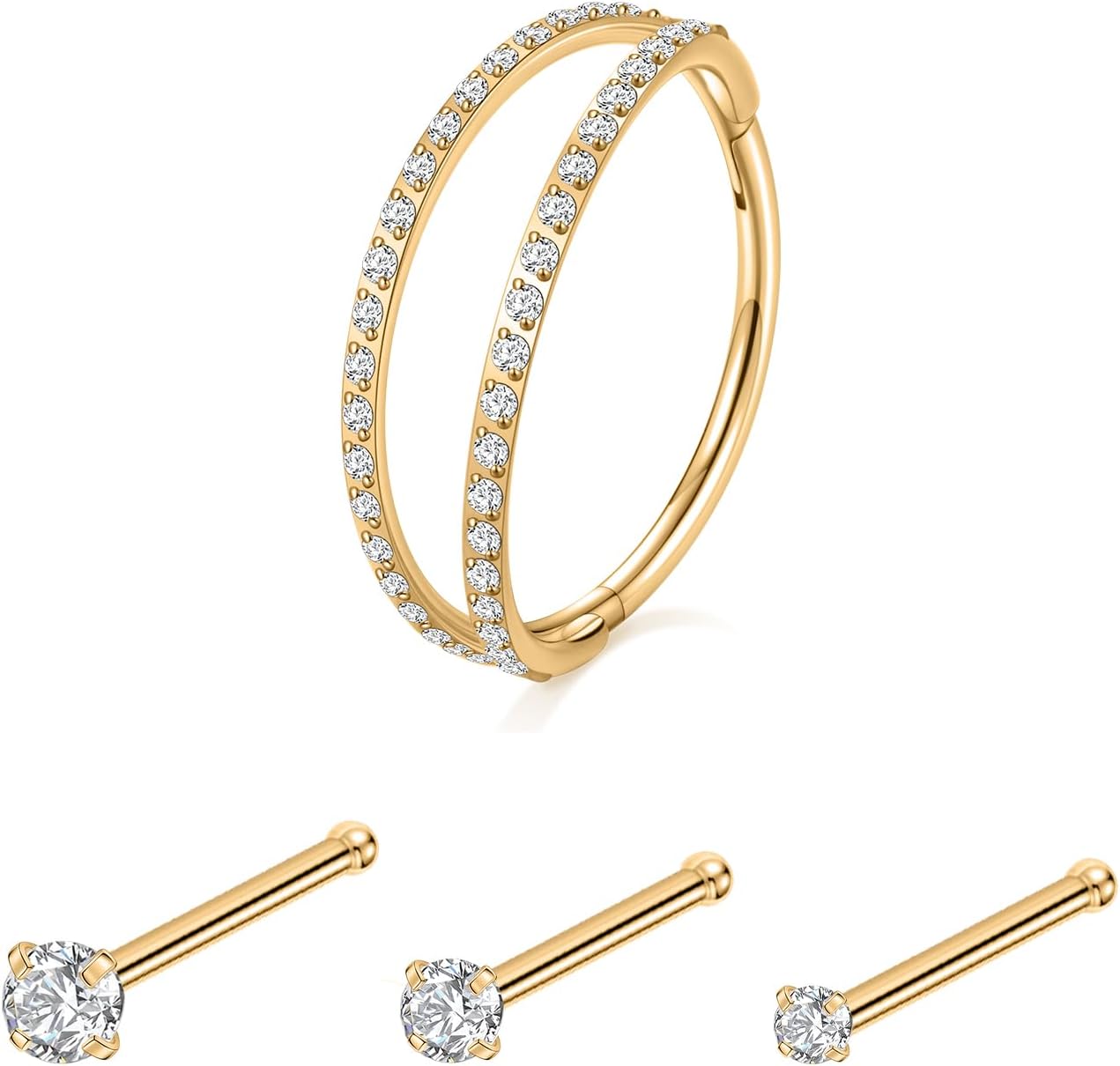 FUNLMO Nose Studs Double Hoop Nose Ring Nose Piercings Septum Rings Cartilage Earring Tragus Helix Conch Rook Daith Piercing Jewelry Straight Nose Screw G23 Titanium 20G Gold
