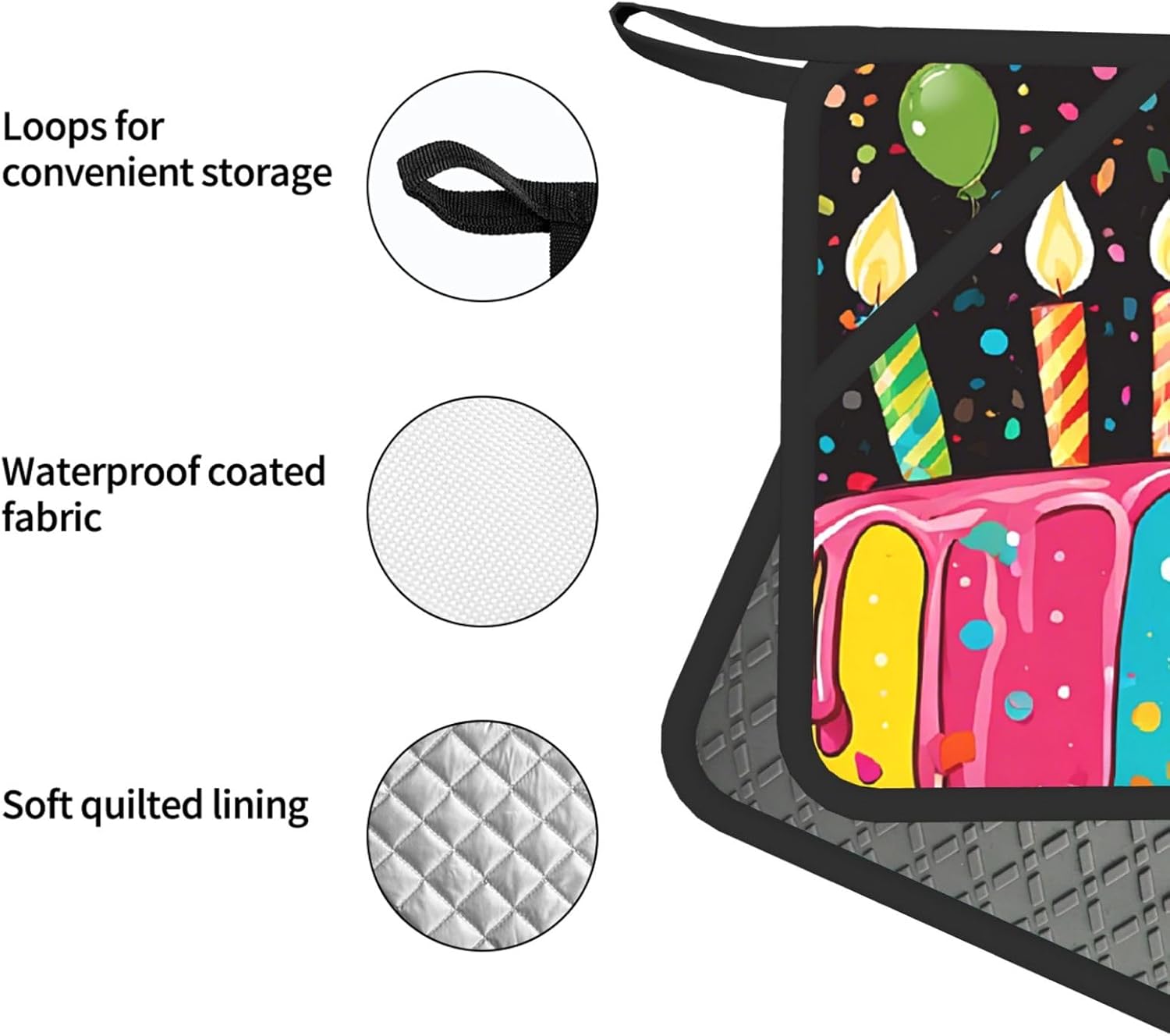 Happy Birthday Big Cake Oven Mitts and Pot Holders Set of 4 Heat Resistant Kitchen Gloves with Silicone Palm Hot Pads for Baking Cooking Grilling BBQ