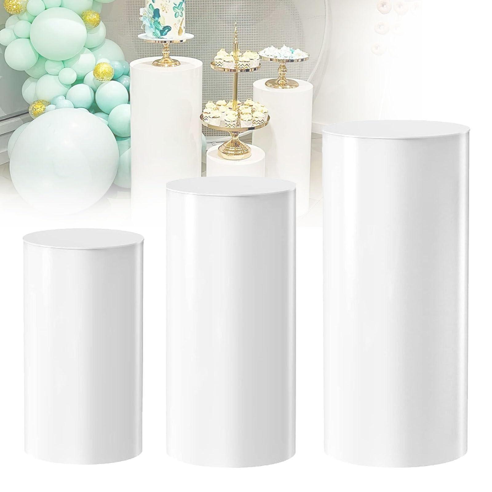Pilares de exhibición para Mesa de postres,Soporte de exhibición de Flores para Tartas de Boda,Pedestal cilíndrico de Metal,Pedestal para Tartas,Pedestal para Bodas,3 Piezas,White