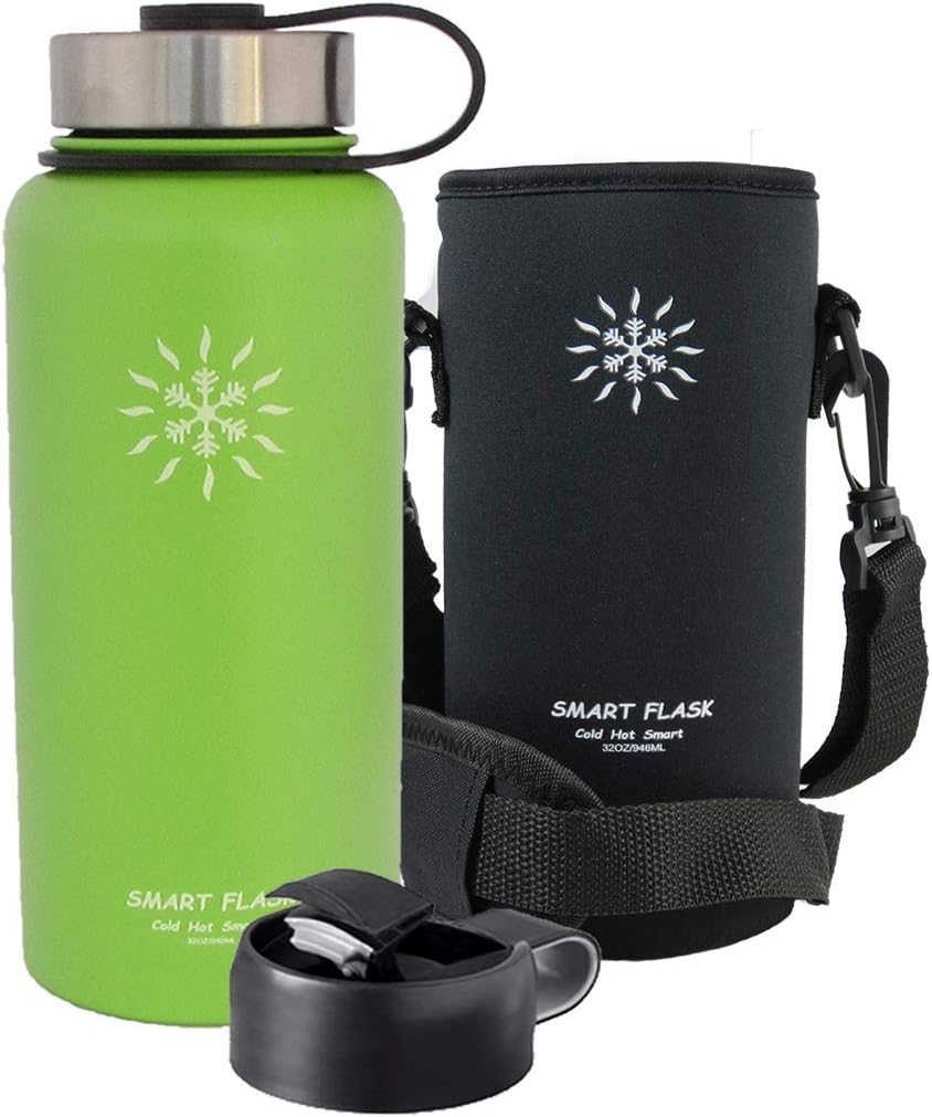 Stainless Steel Water Bottle, Wide Mouth, Vacuum Insulated, Includes Carrying Pouch with 59 inch Shoulder Strap, Rugged Leakproof Stainless Steel Lid, and Flip Top Coffee Lid…