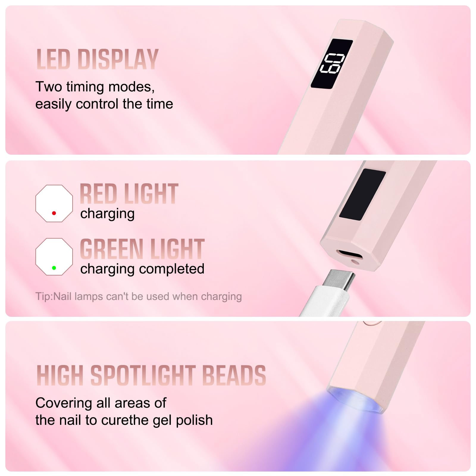 Mini lampada UV per unghie in gel, lampada UV per unghie con supporto, ricaricabile, piccola lampada UV per unghie, portatile, 2 modalità timer per smalto gel (rosa)