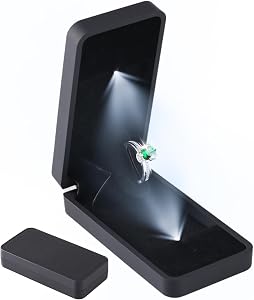 sunking Rotating LED Engagement Ring Box, Slim Proposal Ring Box with Light, Black Italian Leather Ring Display Case for Wedding