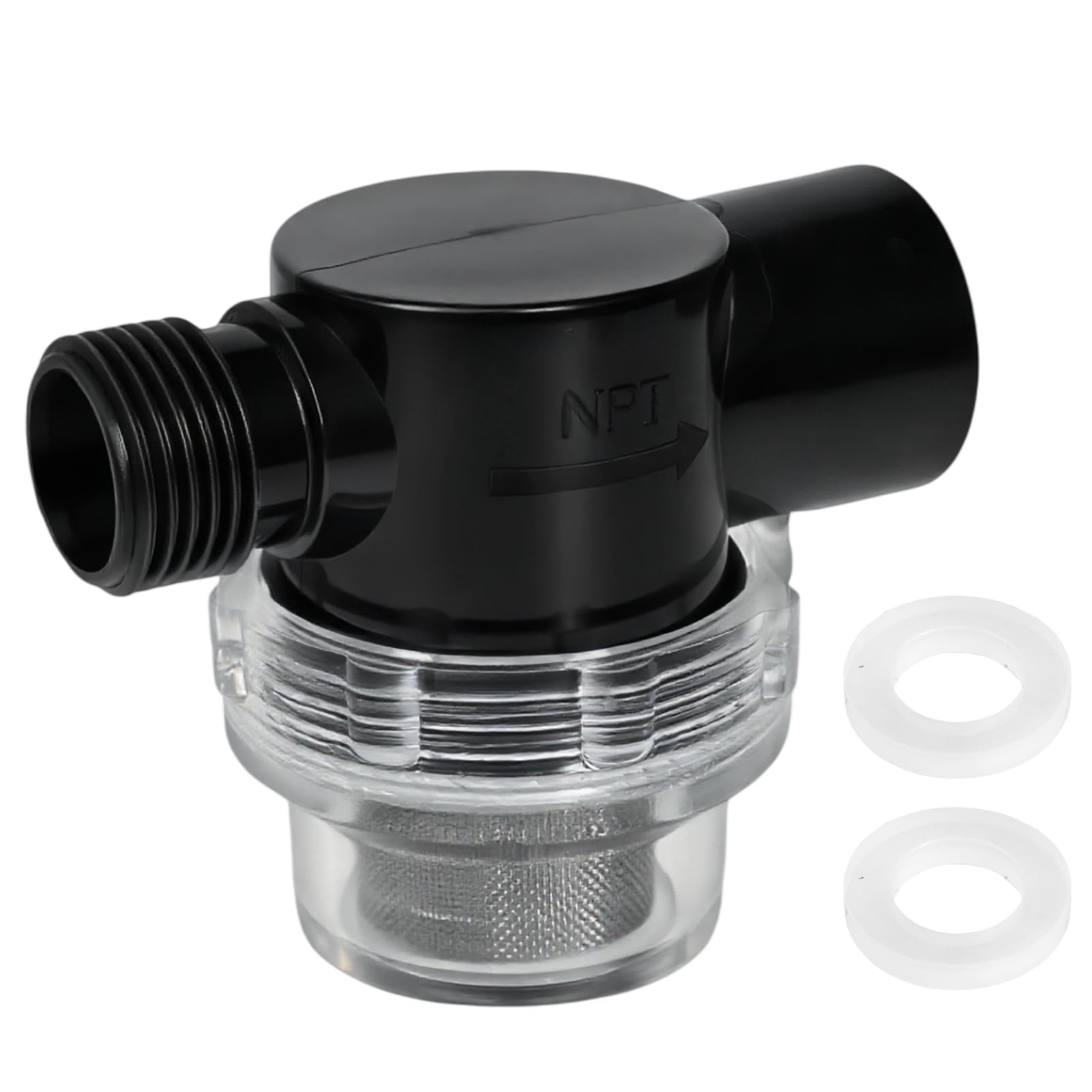 RV Water Pump Inlet Filter, 1/2 Inch, 50 Mesh Screen, Clear Bowl, Compatible with WFCO and Shurflo Pumps, for Motorhome, Boat, and Outdoor Water Systems