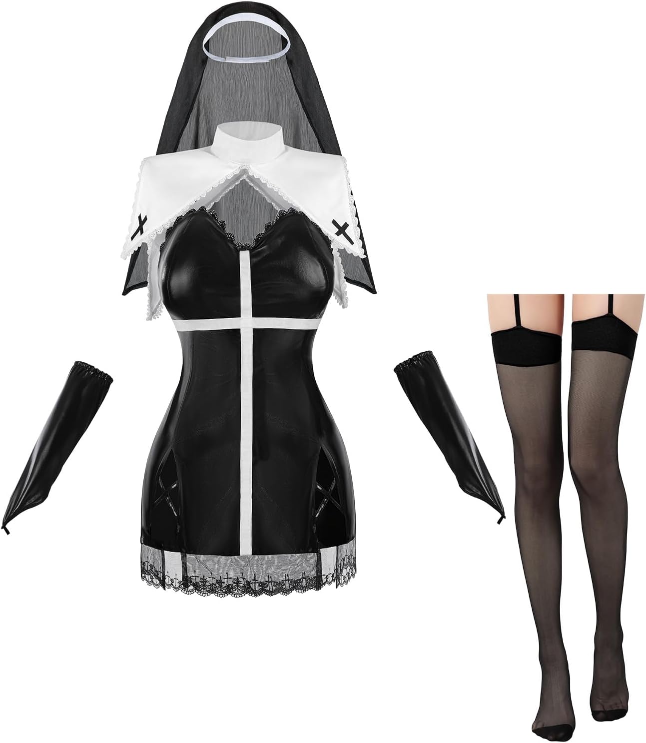 LTAKK the Nun Costume Women Nun Sheath Dress Halloween Nun Cosplay Outfit with Gloves, Wimple and Stockings
