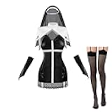 the Nun Costume Women Nun Sheath Dress Halloween Nun Cosplay Outfit with Gloves, Wimple and Stockings