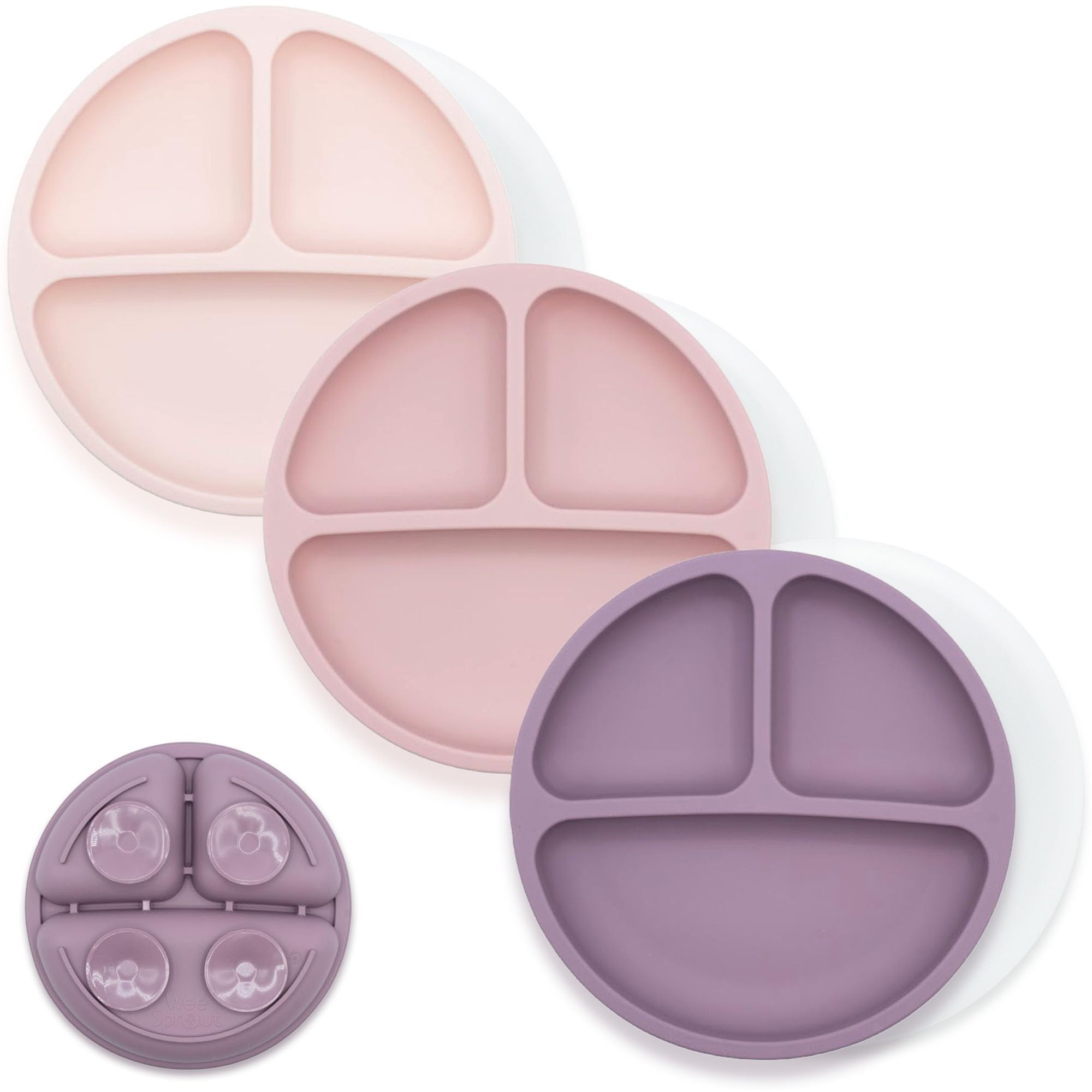 WeeSprout Suction Plates with Lids for Babies &amp; Toddlers, 100% Silicone Dinnerware Stays Put, Divided Design for Picky Eaters, Microwave &amp; Dishwasher Friendly, 3 Pack (Matte Pink, Purple, Blush Pink)
