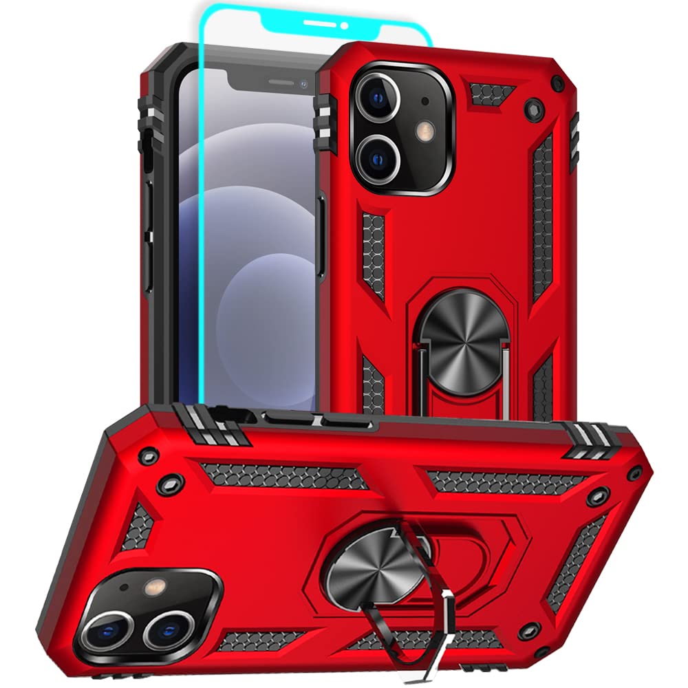 Aozuoton für iPhone 12 Hülle, Metallring Handyhülle & Schutzfolie, Hybrid Case Ständer Stoßstange Handy Hüllen Cover für iPhone 12, Rot