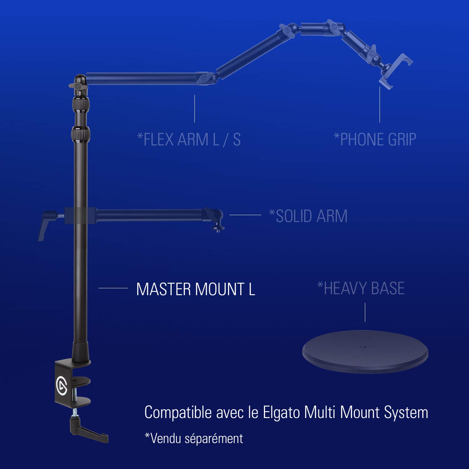 Elgato Master Mount L, pince pour bureau haut de gamme avec perche télescopique jusqu’à 125 cm et filetage 1/4" pour fixer des lumières, caméras et micros, idéale pour streaming, visio et studios