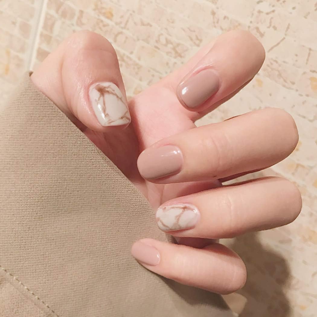 Fairvir Fashion False Nails Khaki Marble Oval Fake Nail Birthday Party Daily Clip Press on Nails for Women and Girls(24Pcs)