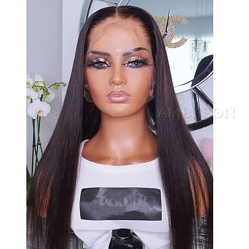 Miniatura 3 de Pelucas de cabello negro largo y lacio, parte media, sin pegamento, sintético con encaje frontal para mujeres, 22 pulgadas