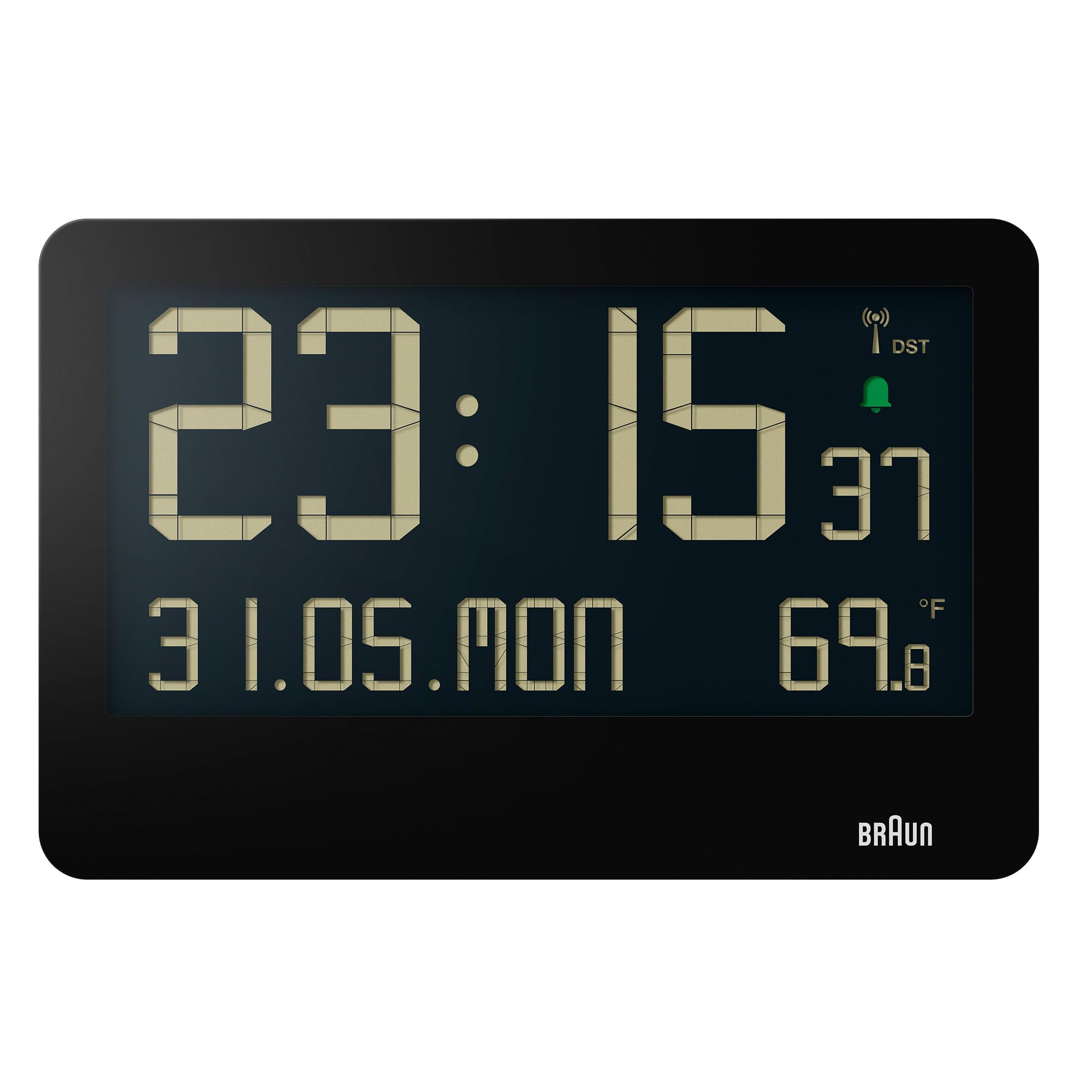 Braun Digitale Funk-Wanduhr mitteleuropäische Zeitzone (DCF) mit Innentemperatur, Datum, Wochentag, großem LCD-Display, Schnelleinstellung, Piepton-Alarm in Schwarz, Modell BC14B-DCF