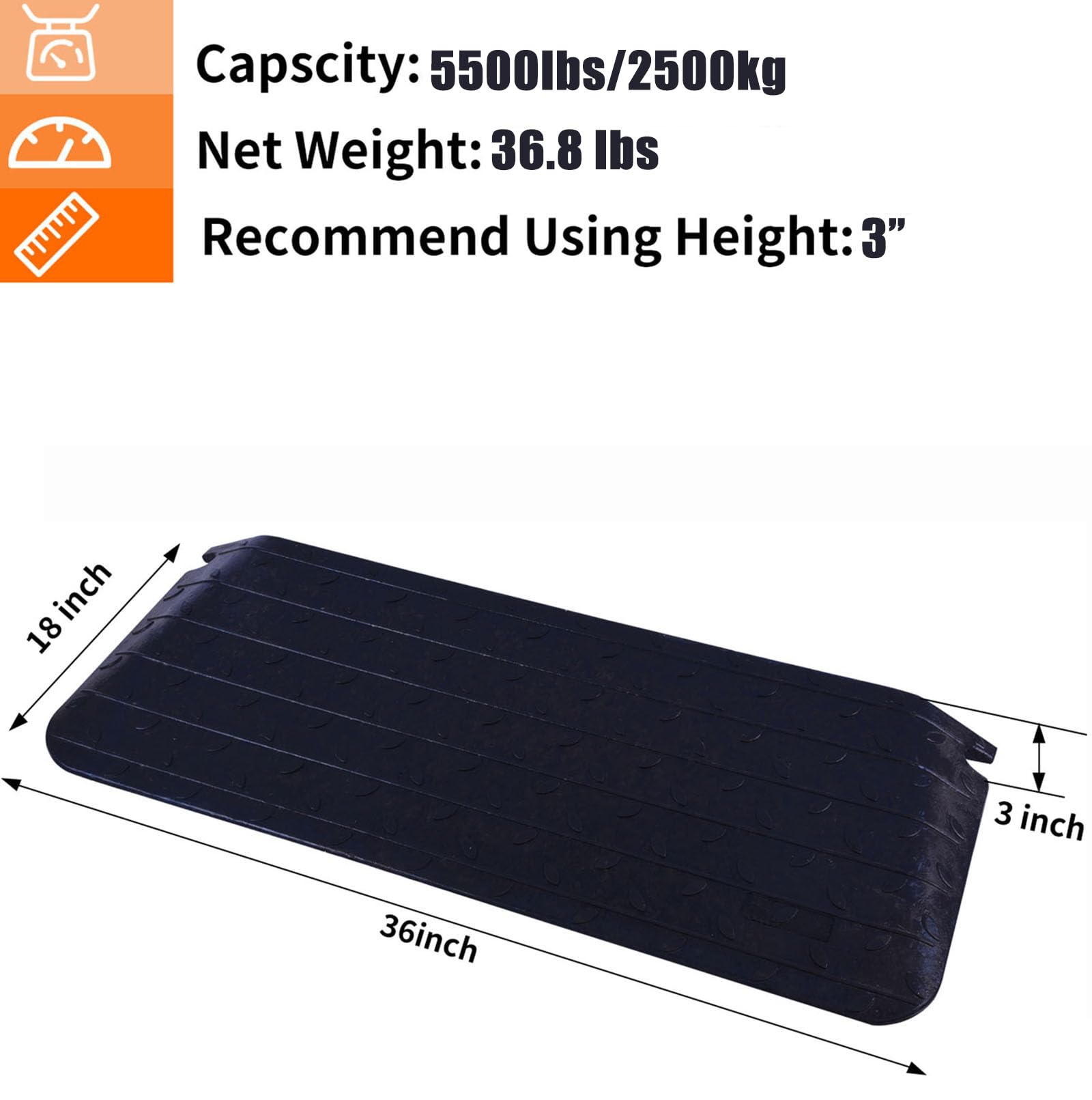 BESEA 3 Inch Rise Threshold Ramp Anti-Slip Wheelchair Ramp Rubber Curb Ramp for Home Doorways 3 Feet Long 5500lbs Load Capacity(Anti-Slip Design)