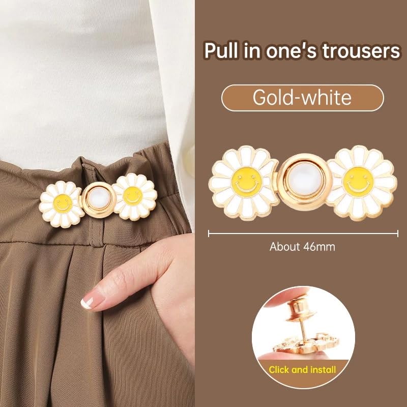Image of ZURATO Colorfull Sun Flower Adjustable Jean Button, Pant Waist Tightener Pins, No Sew and No Tools Detachable Decorative Button, Waist Adjustment Buttons Extender (White - Gold, Pack of - 2)