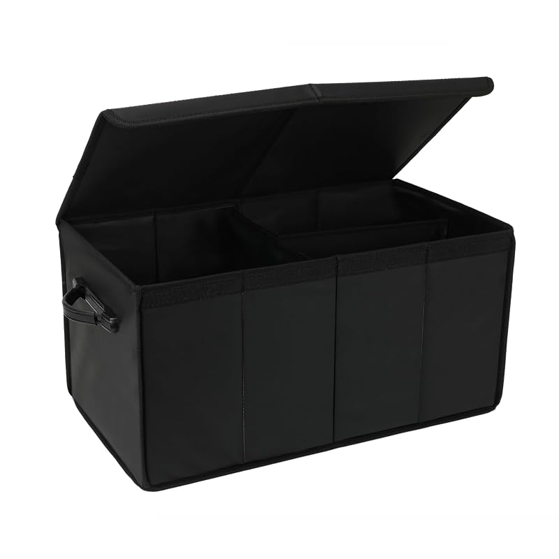 Organizador de Porta-Malas AOKJOY com Tampa, Dobrável, em Couro, 3 Compartimentos, Preto