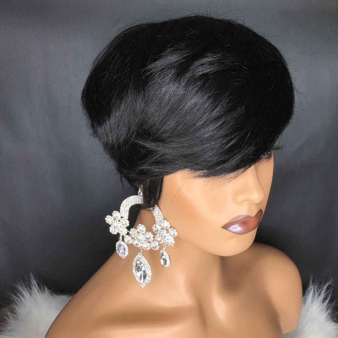 Pixie Cut Wigs Human Hair with Side Bangs Short Wigs for Black Women Natural Straight Short Black Pixie Wigs Human Hair Glueless Layered Cut Brazilian Hair Side Part Bob Wig