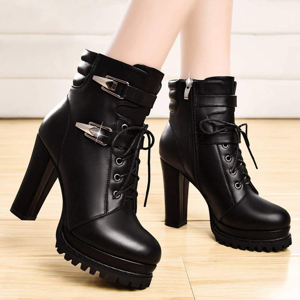 Damen-Motorradstiefel, Biker-Stiefel für Damen, Motorradstiefel, Absätze für Damen, Schwarze klobige Schnür-Stiefeletten, Damen-Kampfstiefel, Winter, rutschfeste, quadratische Absätze, Taktische