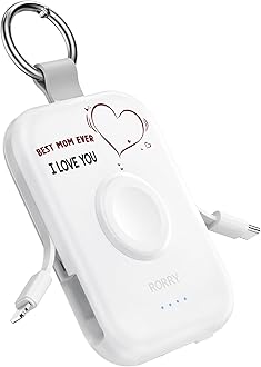 RORRY Portable Charger, 5000mAh Portable Charger Power Bank with Built-in Cables, Travel Keychain Battery Pack for Apple Watch Ultra/11/10/9/8/7/6/SE, iPhone Air/17/16/15/14/13/12, Mom-White