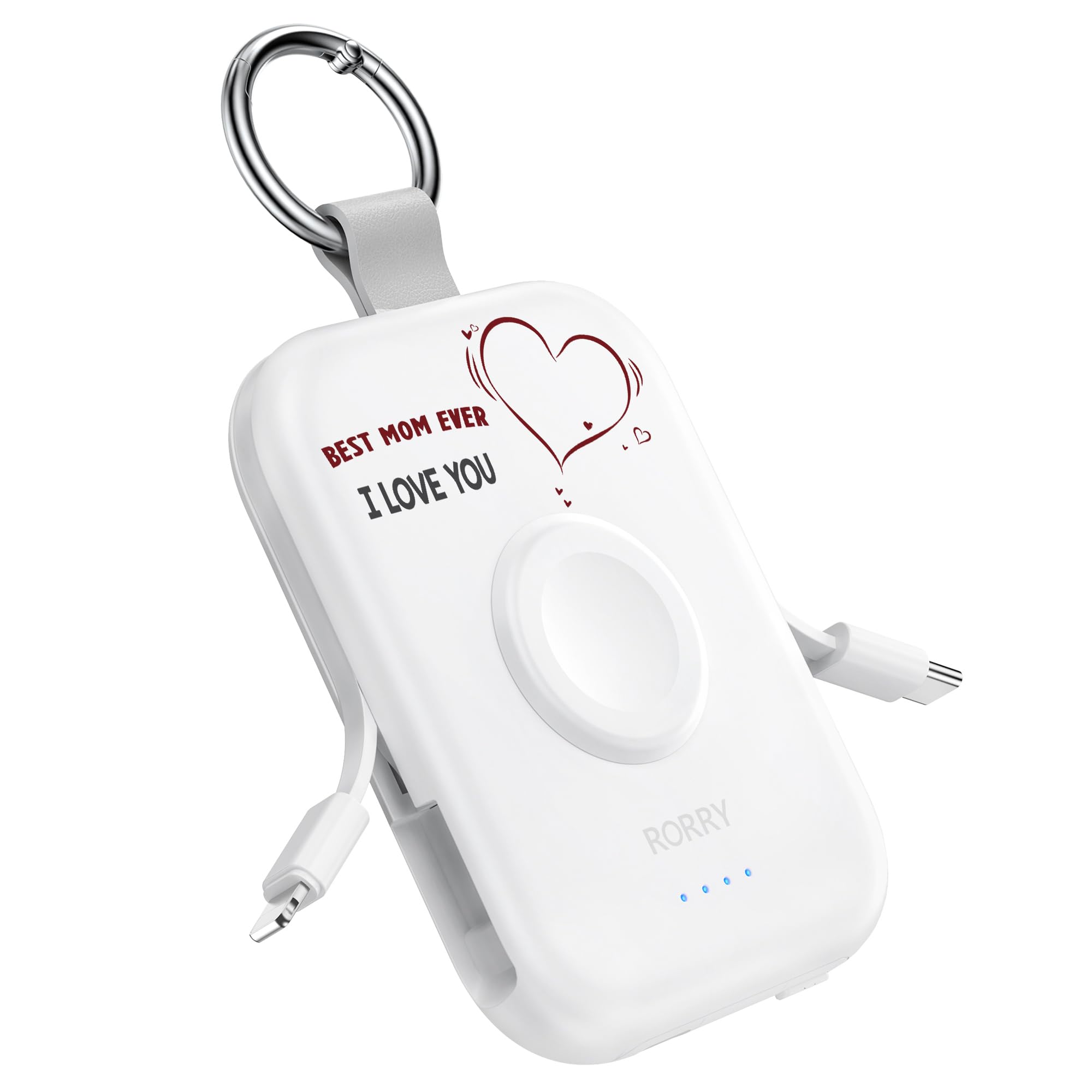 RORRY Portable Charger, 5000mAh Portable Charger Power Bank with Built-in Cables, Travel Keychain Battery Pack for Apple Watch Ultra/11/10/9/8/7/6/SE, iPhone Air/17/16/15/14/13/12, Mom-White