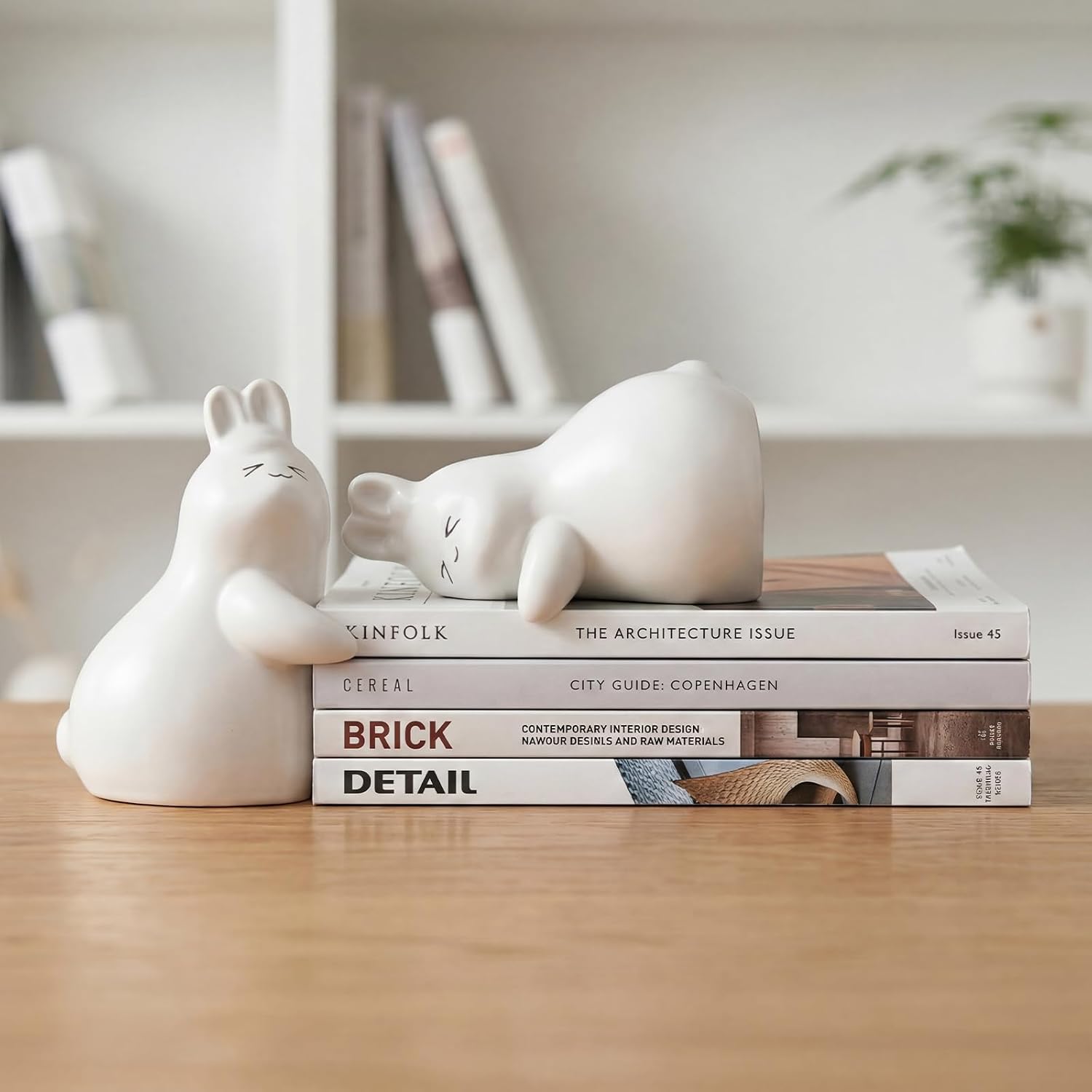 Cute Rabbit Decorative Bookends White, Ceramic Unique Book Holders for Shelves, Heavy Duty Book Ends Stopper for Home Office Desk Bookshelf Decoration