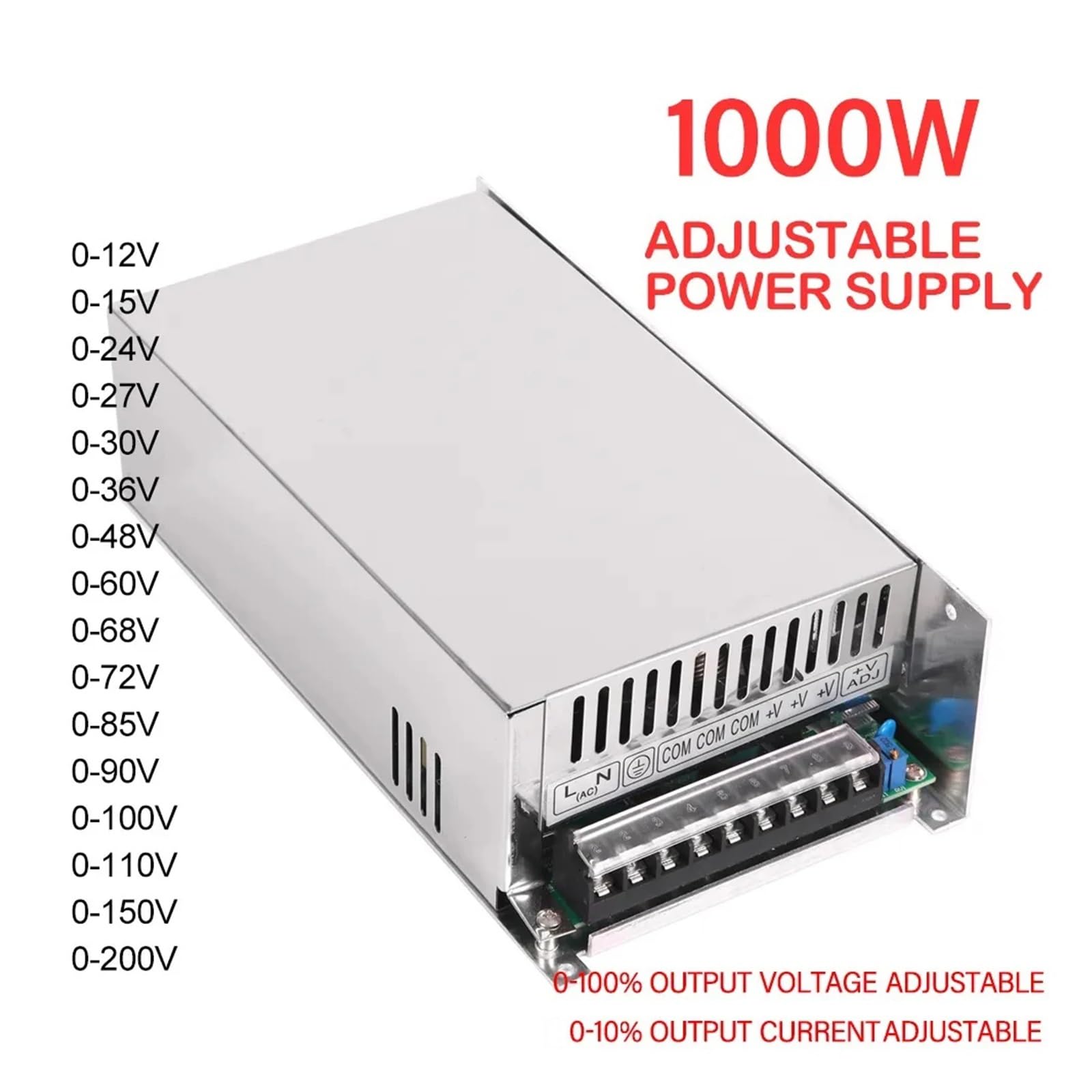 EDEDE Schaltnetzteil, 1000 W einstellbares Netzteil 0–12 V, 15 V, 24 V, 30 V, 36 V, 48 V, 60 V, 72 V, 85 V, 90 V, 110 V, 150 V, AC/DC-Smps-LED-Transformator(0-36V 0-27A)