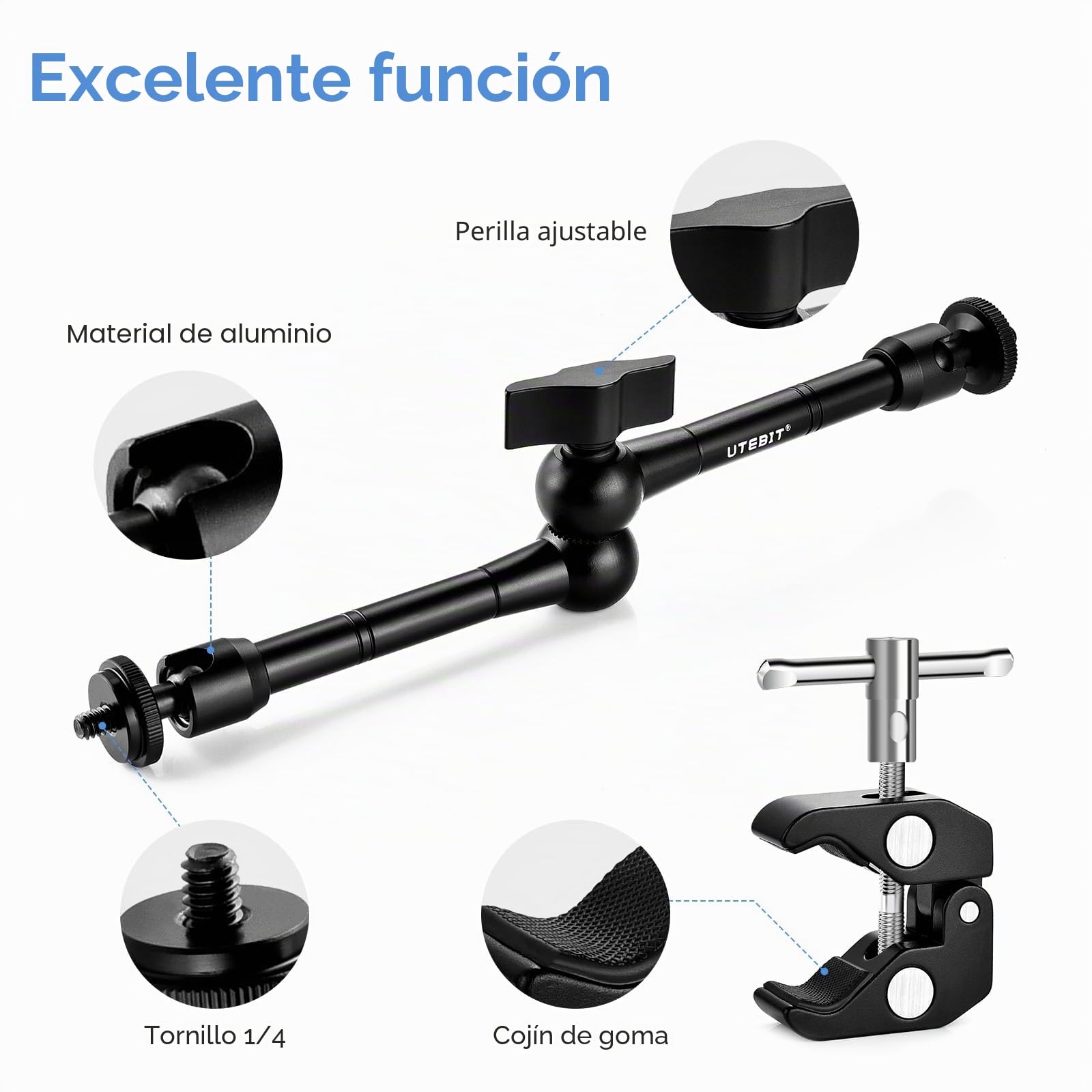 UTEBIT Brazo mágico Brazo articulado de 11 Pulgadas Brazo de cámara con súper Abrazadera 1/4 Zapata Carga máxima 1.5 kg para cámara DSLR, Monitor de Campo LCD, luz de Flash