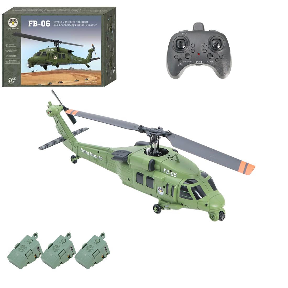 Elicottero RC FB06, motore brushless da 2,4 GHz, giroscopio a 4 canali a 6 assi, mantenimento dell'altezza e flusso ottico, illuminazione a LED (3 batterie)