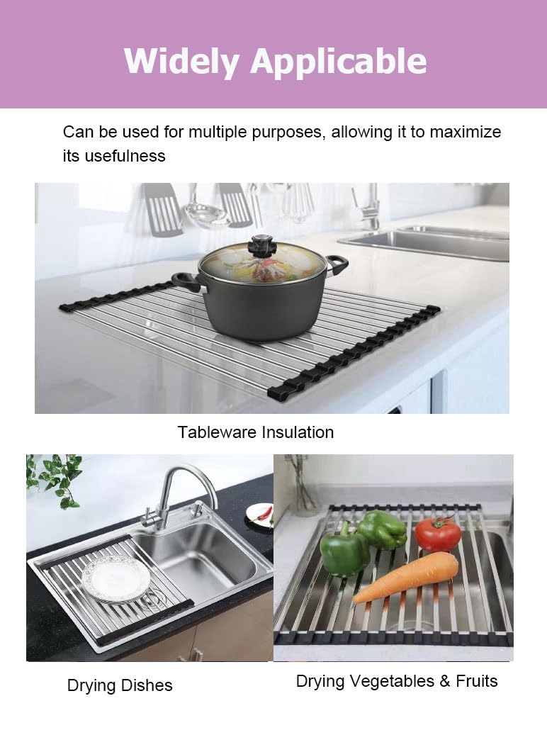 Escurridor de Platos Plegable y Enrollable, expandible, de Tubo Cuadrado Antideslizante y Largo, Multiusos para la Cocina.