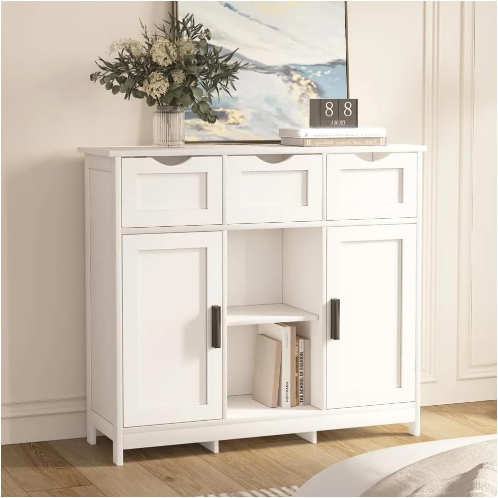 収納付きサイドボード、2ドア3引き出しの装飾キャビネット、カントリースタイルのコーヒーバーキャビネット、調節可能な棚付きホワイトカラ
