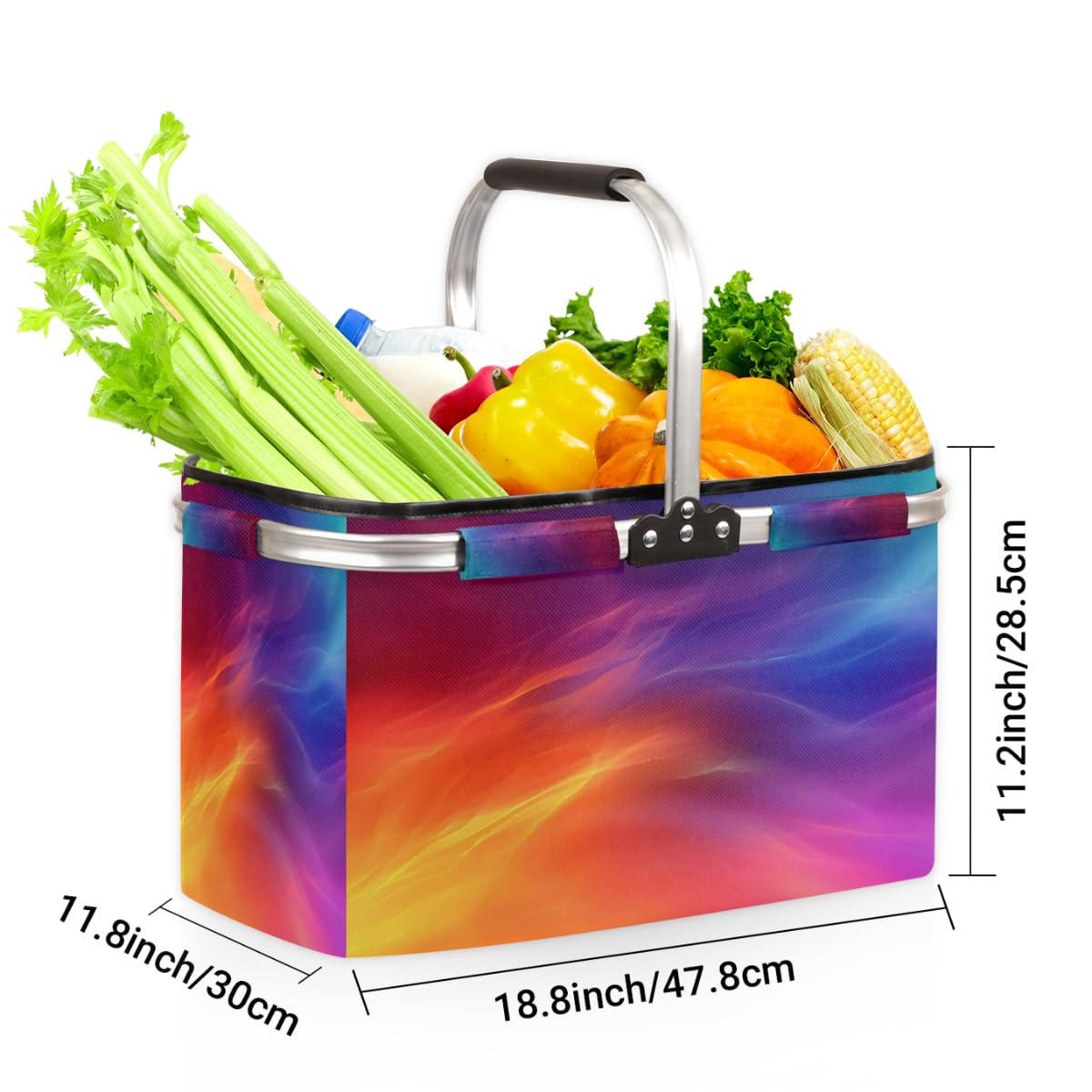 Skonsati Folding Picnic Basket Liquid Glitter Large Reusable Shopping Basket Collapsible Grocery Tote Bag with Handle & Aluminum Frame for Picnic Beach Pool Festival