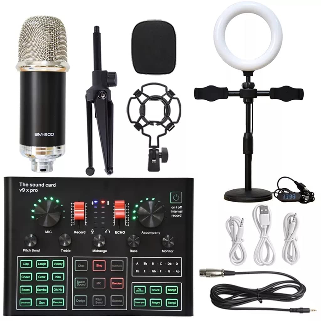 Release Professional Studio Condenser Microphone Kit BM900 Microphone Kit with Live Sound Card Wireless Bluetooth (Color : Silver LED, Size : BM900)