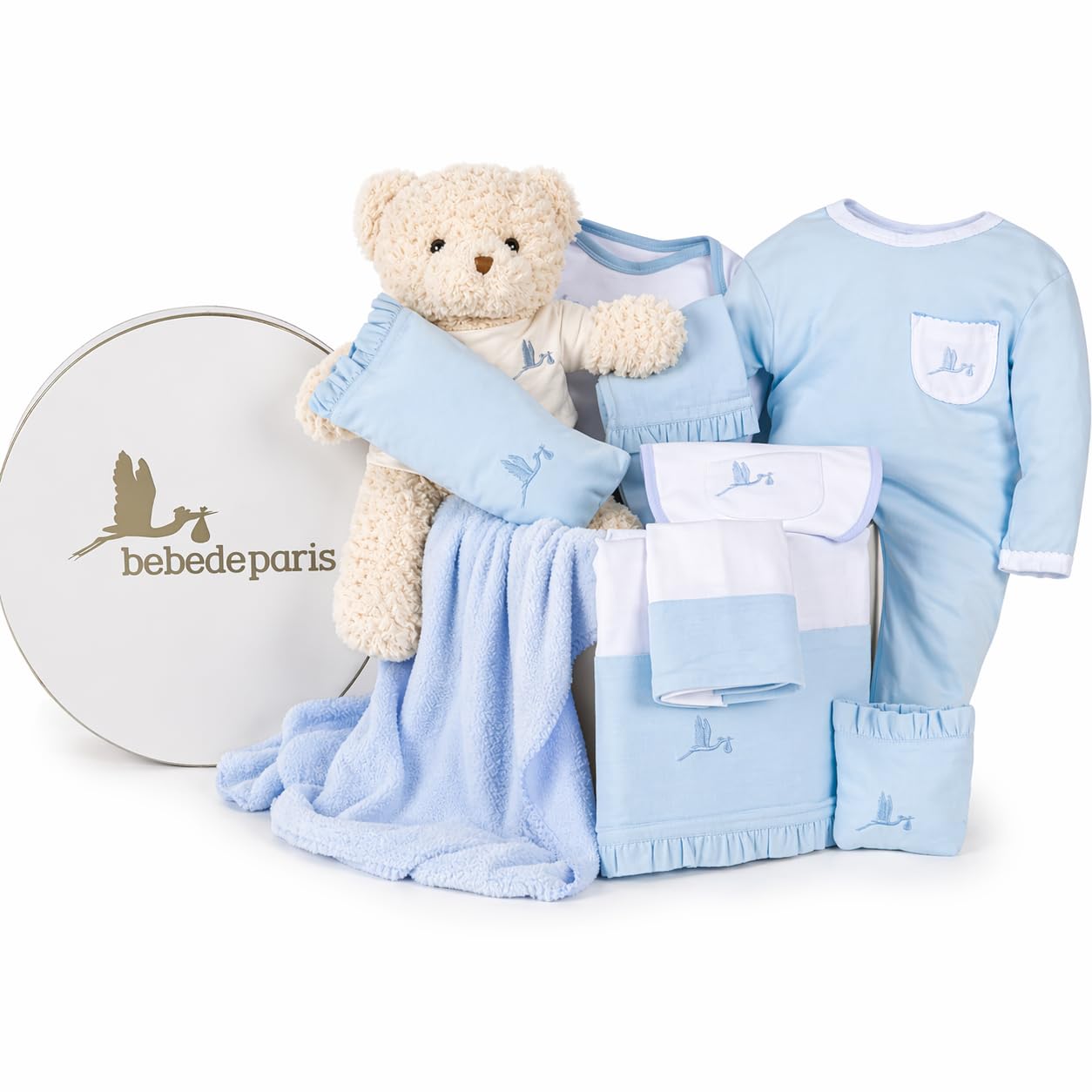Cesto regalo bambino in Cestino Vintage Classico con orsacchietto-BebeDeParis - set regalo neonato (Blu)