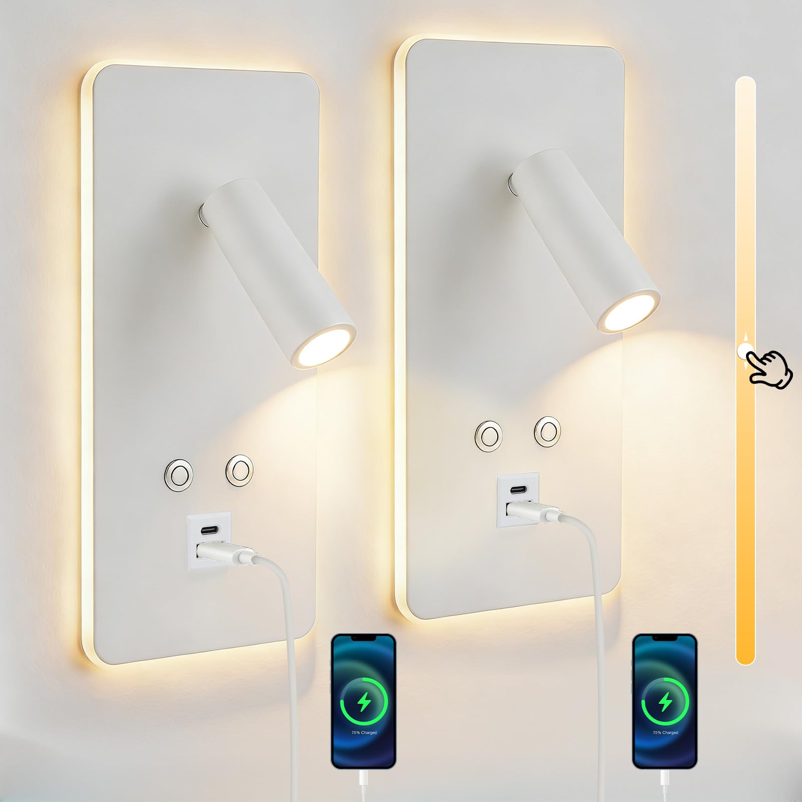 2 lampade da lettura a LED da parete lampada da lettura a intensità regolabile in continuo, lampada da parete con porta di ricarica USB e Type-C e interruttore per camera da letto, hotel(Bianco)