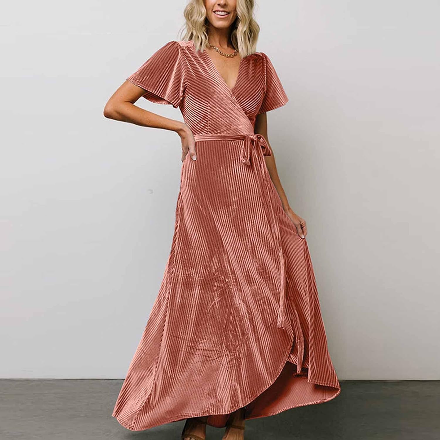 tuduoms Women's Long Western Dress Boho V Neck Ruffle Wrap Maxi Dress Flutter Sleeve Semi Formal Dresses for Wedding Guest
