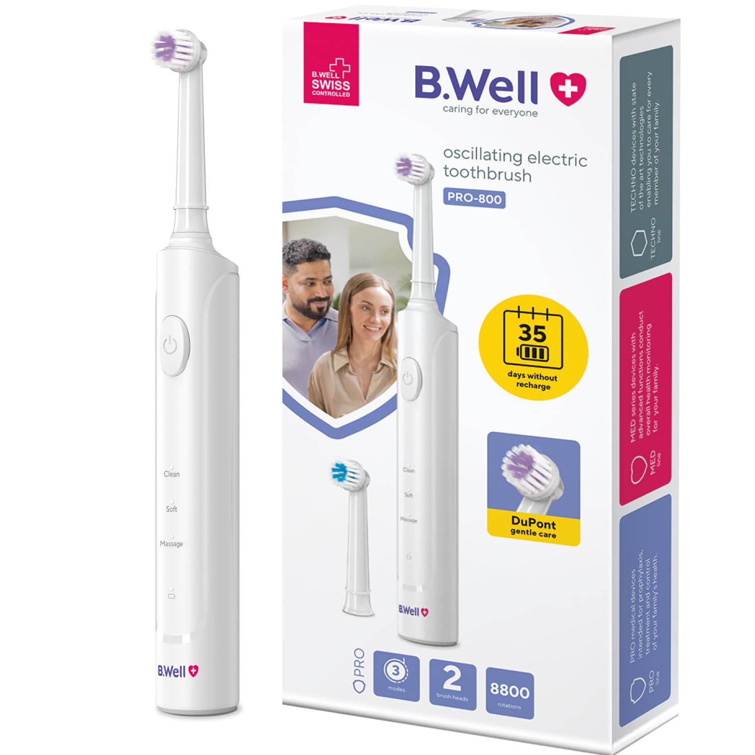 B.Well PRO-800 Rotierende Zahnbürste | 3 Modi & 35 Tage Akku | Schweizer Qualitätsstandards: 3 Modi, 2-Minuten-Timer mit 30-Sek-Intervall, Induktionsladen & 2 farbige Bürstenköpfe.