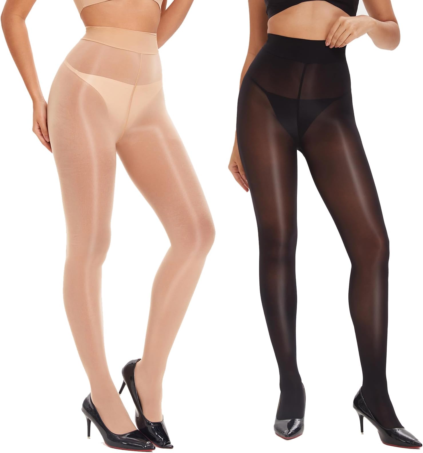 YAGAXI Women's Shiny Nylons Pantyhose - 2 Pairs Shimmer Sheer Tights Oil Shimmery High Waist Control Top Pantyhose