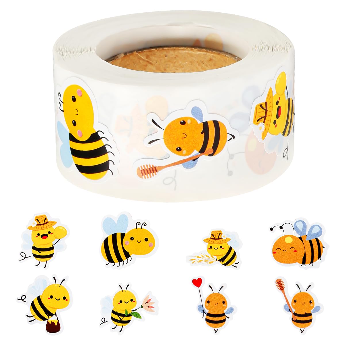 Lotsdonxia Yellow 500 Pcs Adorable Bumble Bee Stickers Roll, Watercolor Round Labels, Easy Peel And Stick Decorations Suitable For Birthday Parties, Baby Gifts And Teacher Rewards